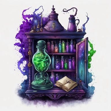 Gothic style Magical Potion Cabinet on the wizard shelf with watercolor effect,mystical magic books,victorian style candlestick,fantasy scene, suitable for digital clipart,dark colours,purple color,blue color,green color,white background