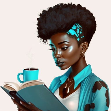 gorgeous black woman clipart, studying the bible sipping a coffee, pixie cut hairstyle, cyan blouse, dark brown skinned, melanin, white background--v 5