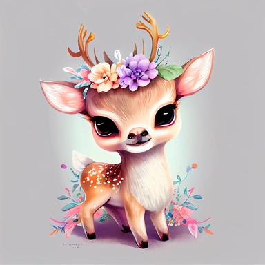 happy baby deer colorful with a big head, big sparkling eyes, flowers on the horns and shirt on the back, watercolor Illustration clipart, 4K, extremely detailed