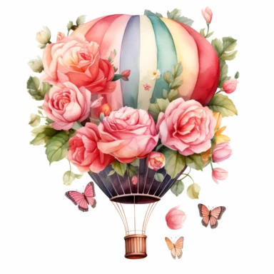 Stunning watercolor hot air balloon with flower clipart, white background