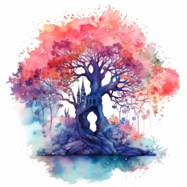 a captivating magical forest watercolor clipart, a realm where nature and magic intertwine in perfect harmony. Towering ancient trees stretch towards the sky, their branches adorned with shimmering leaves and glowing flowers. Ethereal mist dances between the trunks, creating an atmosphere of mystery and enchantment, 4k , white background, hyper detailed