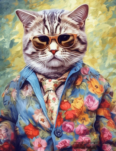 full body Cat Fashionista: Craft a cat clip art dressed in stylish clothing, with accessories like sunglasses, a handbag, or a bowtie. The cat can have a confident pose, showcasing its fashion sense. This fashionable feline represents style, elegance, and self-expression. oil painting by van Gogh 8k ultra detail high sharpness ultra detail