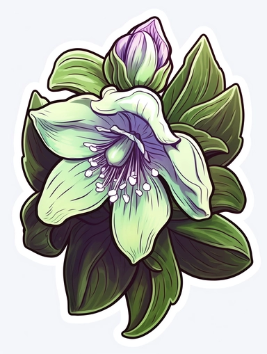 Isometric Sticker Clip Art of Helleborus orientalis, children friendly, illustrated in a playful and realistic style, perfect for any special occasion, cut out in the shape of Helleborus orientalis, with no visible background, giving it the appearance of a sticker, conveying a mystical and whimsical mood, edited with Adobe Photoshop to adjust brightness and contrast, rendered as a transparent PNG file with a high resolution to ensure a crisp and clear image with no pixelation, suitable for vario