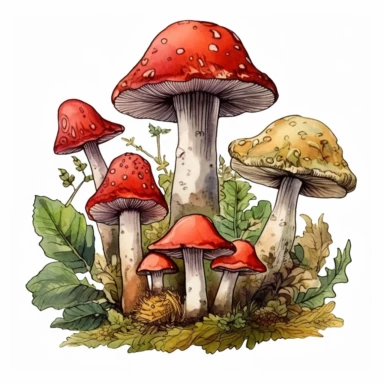 cute watercolor forest mushroom clipart,large leaves and distinct forest flora plants,clear edges,warm colors,cut-out,Outlined Edge Detection,highly detailed,positive energy,clear white background
