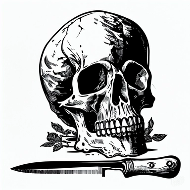 a vintage pirate skull with a knife, black, monochrome, silhouette, vector, clipart, isolated, white background, .75 gutter,