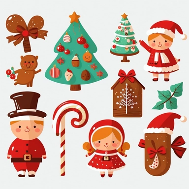 Various kinds christmas elements, tree, presents, bell, ribbon, Gingerbread, 2d graphics, flat design, vector sticker design, Christmas caroler clipart, white background, flat colors, no shadow
