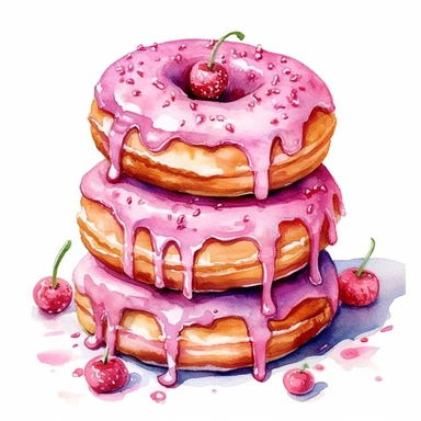 a beautiful detailed watercolor artwork of delicious stack of pink donuts, food art, clipart, clear border, hd, on white background,