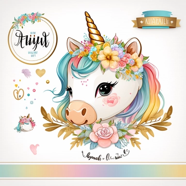 cute unicorn in chibi style with flowers in hair, colourful rainbow colours, well lite, with name plate ribbon with gold trim, watercolor clipart using procreate grain brush, svg white background