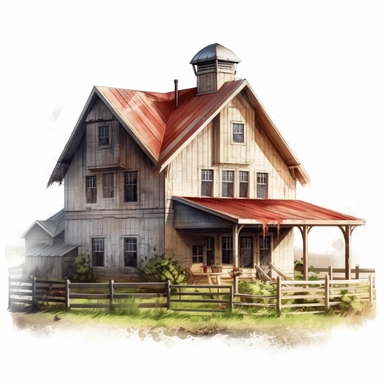 farm house photorealistic clipart,on white background with margins