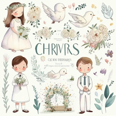 First communion illustrations clipart set, watercolor, white background, simple, soft colors , cartoon elements girl, boy ,holy cross, white doves, tulips, peonies, eucalyptus branches, wooden rosary beads, white flowers
