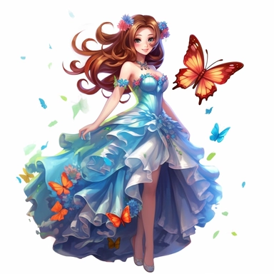 an exceptionally beautiful happy anime girl dressed in evening gown, smiling, long hair, vibrant colors, flowers, butterflies, highly detailed, full body image, pixar style, clipart, white background