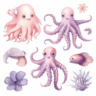 a watercolor nursery sea animals illustration clipart, cute octopus, soft pastel purple pink color, clean background, white background