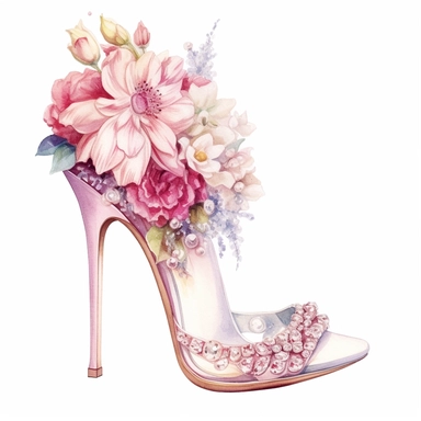 watercolor clipart of high heels with a blend of ivory and pink, decorated with bridal flowers and jewels, colored pencil drawing, good composition, vector, contour, isolated white background, 16k