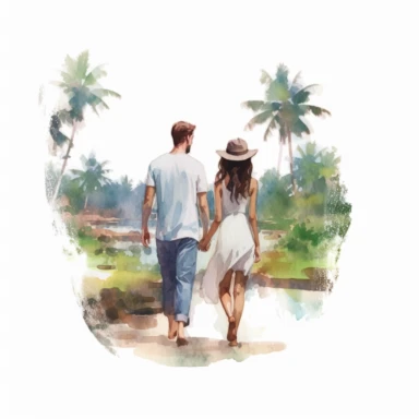 Watercolor drawing of beautiful dreamy tourist summer island couple, Bali, watercolor clipart, white background, isolated on white, 8k, watercolor style