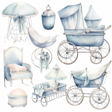 Generate a watercolor clipart series of classic baby items, such as prams, bassinets, and mobiles. The colors should be soft and soothing, with lots of pale blues, pinks, and yellows. The images should be detailed and sophisticated, with clean lines and refined details, white background
