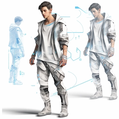 A young male, full body shoot, urban wear 1000years into the future post ecological evolution. unreal game engine style, different poses, detail, clipart, white background, one of a kind--ar 16:9