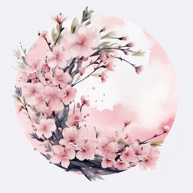 Ethereal watercolor depiction of pink flowers softly illuminated by the gentle glow of a full moon, captured from a side angle, with the ethereal light adding a touch of magic, mystery, and a sense of otherworldly beauty to the composition, clipart on a clean white background.