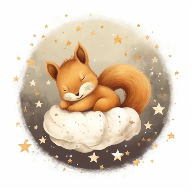 Cute squirrel illustration, realistic adorable squirrel sleeping on a soft moon surrounded by stars, sleepy happy clipart, nursery style clipart, Nursery Animals Art, Kids Wall Art, Kids Room Decor, Baby Room Decor, isolated on white, ultra - detailed, high quality, ghibli style, award winning