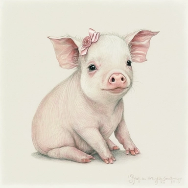 Cute - french style sitting baby piglet smiling clipart, pink red hairclip in its hair, 1960, in the style of realistic watercolors, childlike innocence and charm, adorable eyes, rosy cheeks, shy posture, feminine sensibilities, realistic drawing in storybook illustration, pencil drawing by Angela Barrett, Elsa Beskow 300 DPI, valentines day themed, white background