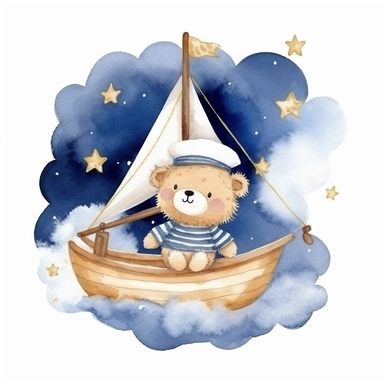 night sky clouds and a swarm of golden stars. a cute happy plushie sailor bear in a striped blue and white shirt and a sailor hat, in a wooden sailboat with a white sail, sailing on fluffy clouds not sea. dreamy. prominent visible brush strokes, watercolour texture, watercolor clipart png on white background