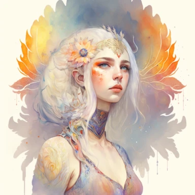 watercolor hyper realistic beautiful young girl with snowy white hair, symbolizing the rebirth of a phoenix rising from the ashes, while the woman's pose and appearance evoke a sense of renewal and new beginnings. The girl is dressed in playful and imaginative Egyptian Pharaoh - inspired couture fashion. Bold and colorful patterns featuring Celestial Filigree, Geode Crystalline, Asymmetrical Splice, Bio - Luminescent Bloom, Origamic Tessellation, and other hieroglyph - inspired designs. clipart 