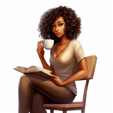 black woman, curly dark brown hair, caramel skin tone, full lips, almond shaped eyes, casual attire, sitting down, reading a book, cafe setting, white background, clipart