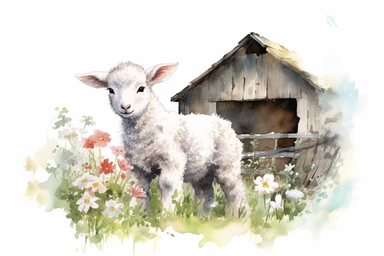 picturesque farmyard scene, watercolor and ink style, baby lamb with spring flowers, clipart on plain white background, nature vibes, super high detail ultra precision 16k HD, clean crisp brushwork, painted by Beatrix Potter