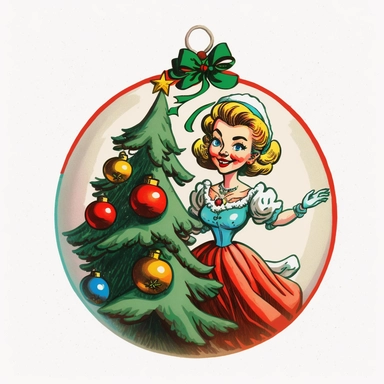 fun vintage character christmas tree bauble , bright colours, gouache, clipart, white background