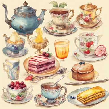 Watercolor vintage tea party items, illustrations clipart set, simple, soft colors, cartoon elements, different variants, teapot, sugar bowl, bun, jug of milk, cake stand, scones, china cup and saucer, , napkin, clotted cream, , knife, fork, jam, slice of cake on plate, tea cups, stacked teacups, lemondish, butter and bisciuits, , tea jars, , separate elements with a margin