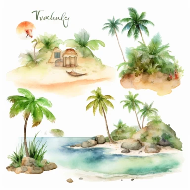 Tropical island beach clipart set isolated on white, watercolor, - - no photograph - - v 5.1