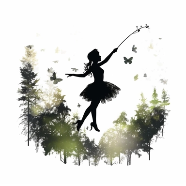 black silhouettes of cute fairy flying with magic wand in the forest, clipart with white background, watercolor style, clearly defined separate image, high quality--ar3:4-no mockups, watermarks, numbers, writing, letters--q2--v5.1--s1000
