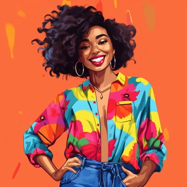 cheerful, vibrant cartoon illustration of a confident black woman with natural hair, wearing stylish clothing and accessories, against a colorful backdrop, high-quality, clip art, joyful, empowering, positive vibes--ar 1:1