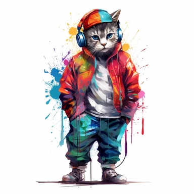 colorful cat art, full body, wearing cap and headphones, clipart, white background