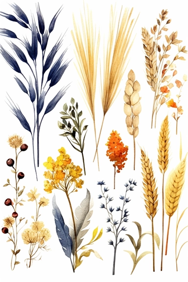 watercolor different grasses and cereal plants, solid background, clipart