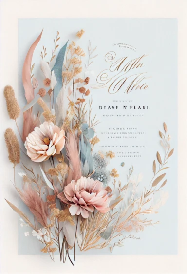beautiful, intricate, sharp focus, light blue, tan, and pink flowers, boho wedding invitation with white fluffy tail flowers, dried grasses, show entire invitation, no border, clipart, on white background, flat lay, extreme detail, wedding invitation,