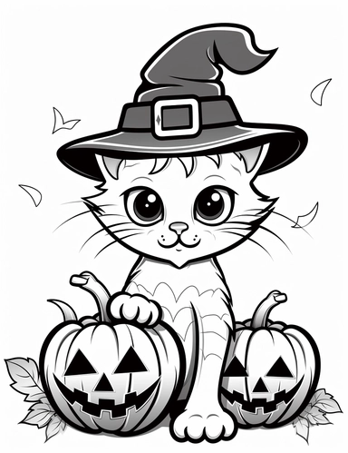 clipart cartoon friendly cat, pumpkin patch, in the style of Pierre-Auguste Renior black and white child's coloring book, black and white smooth thick lines, solid white background, no background