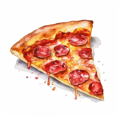 watercolor realistic salami cheese pizza slice isolated oil painting clipart white background