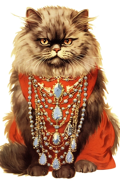 Vintage 1920 Persian Cat wearing an elegant necklace encrusted with shimmering crystals and a matching bracelet Illustration , Chromolithograph, Die Cut, 1920s Illustration, Vintage, Chromolithograph, Colorful, Antique, Ephemera, Clipart, 8k, Isolated on white