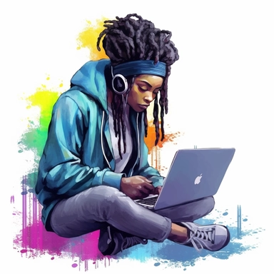 Black girl working on a laptop, cool hacker clothes, dreads, watercolor style, clipart solid white background