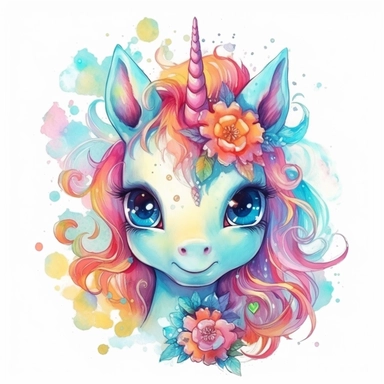 High level watercolor, hyper realistic cartoon, transparent background with margins, 8k, ultra detailed clipart, cute colorful unicorn, with big cute eyes, flower, and shimmering fairy dust, magical pattern, cool, fairy