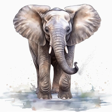 a baby grey African elephant, stood sideways to the camera looking right, shooting water from its trunk, watercolour painting transparent background png clipart