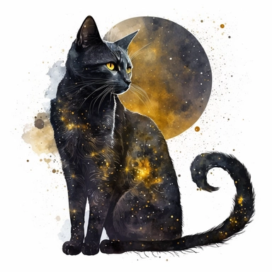 a sitting skinny pagan black cat in front of big starry sky portret, clipart, moon, watercolors, white background, stars, planets, galaxy, magical, ornaments, little golden stars, full body, pictorial space, sparky, golden glitter, oraneg eyes, use Cool Color Palette