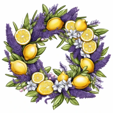 lemon and lavender square wreath clipart, white background, very detailed , Cartoon,hyper realistic, intricate detail, illustration style,high solution,on the white background