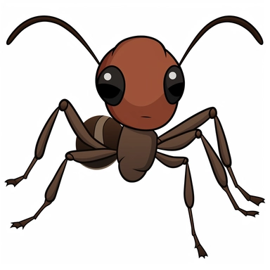 Create a clipart of an ant with a round head, a narrow thorax, and a segmented abdomen. The ant should have six legs, two antennae, and a small mandible. Please make the ant's body and head a dark shade of brown, and the legs and antennae black.