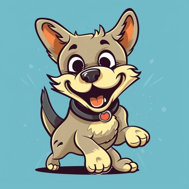Create a cartoon clipart graphic that depicts a cute dog cub playing and laughing . The dog cub should be smiling and jumping around with its paws in the air, having a great time. You can exaggerate its features to add a fun touch, such as making its ears extra big or its nose extra round. Make sure to use bright and cheerful colors to capture the playful atmosphere of the scene. The background should be a plain white color to make the dog cub stand out. Add some funny sound effects or speech bu