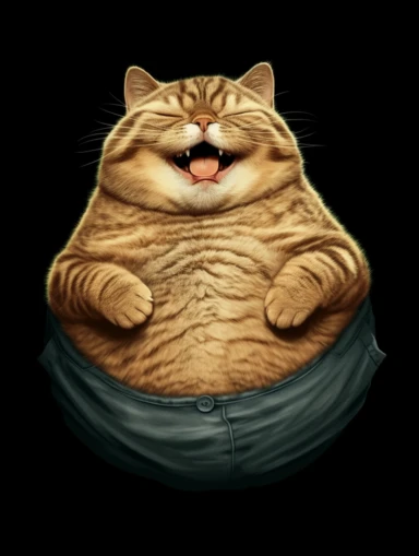 Obese cat with smiley t-shirt. Clipart-style. High detailed. Color contrast. Super-Resolution
