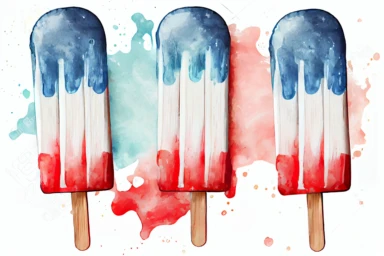 Red, white and blue patriotic popsicle on wooden stick. Hand drawn water color drawing on white, isolated clip art element for design. Memorial Day, Flag Day, 4th of July, Labor Day sweet decoration, realistic,