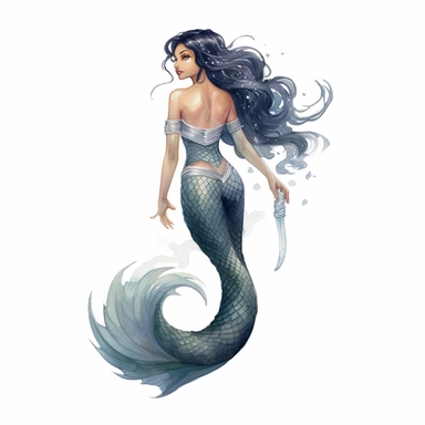 a charming black mermaid, mermaid fin, full body, artistic interpretations, watercolor, in the style of artgerm, 2d game art, quadratura, clipart, on white blackground,