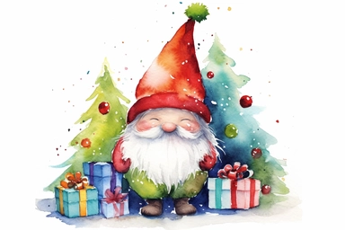 adorable christmas gnome with hat covering his eyes, colorful vibrant, red green white, christmas tree and presents, watercolor clip art