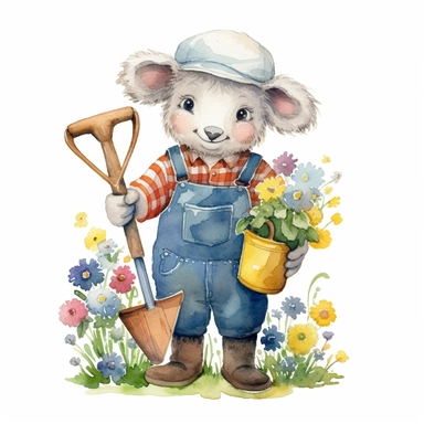 a charming watercolor clipart image with a white background, featuring a friendly cute cartoon sheep gardener surrounded by wildflowers